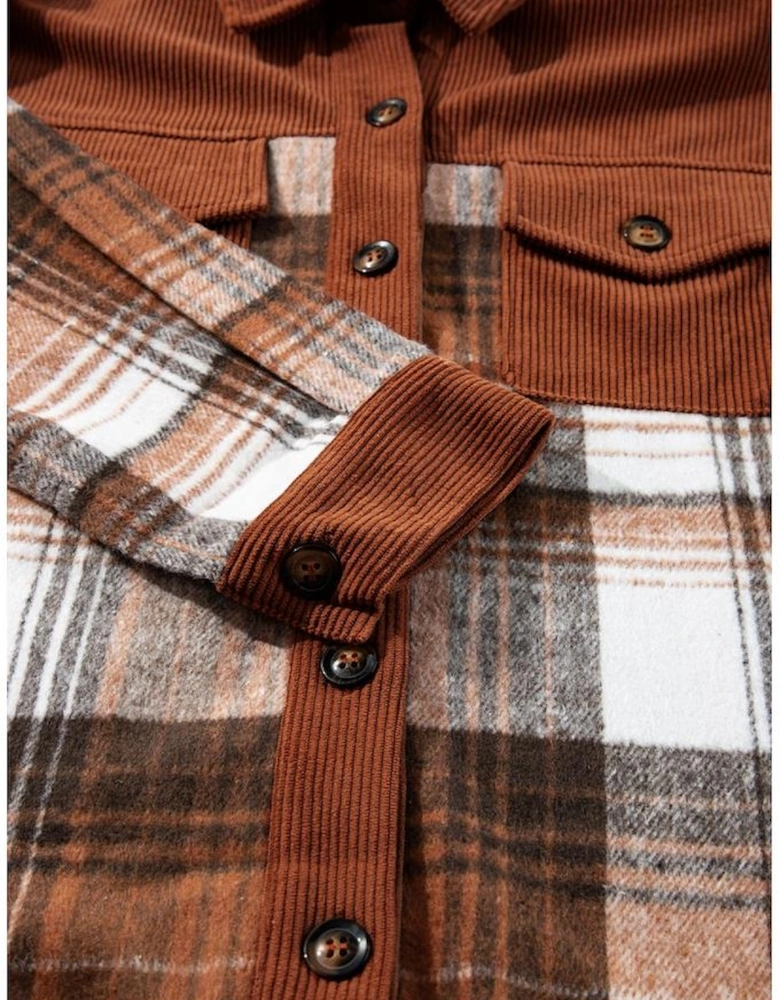 Cinnamon Plaid Corduroy Patchwork Chest Pocket Shacket