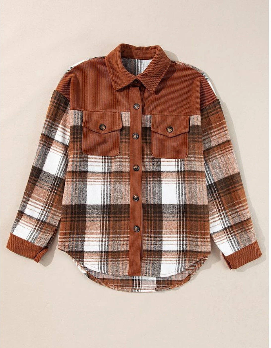 Cinnamon Plaid Corduroy Patchwork Chest Pocket Shacket