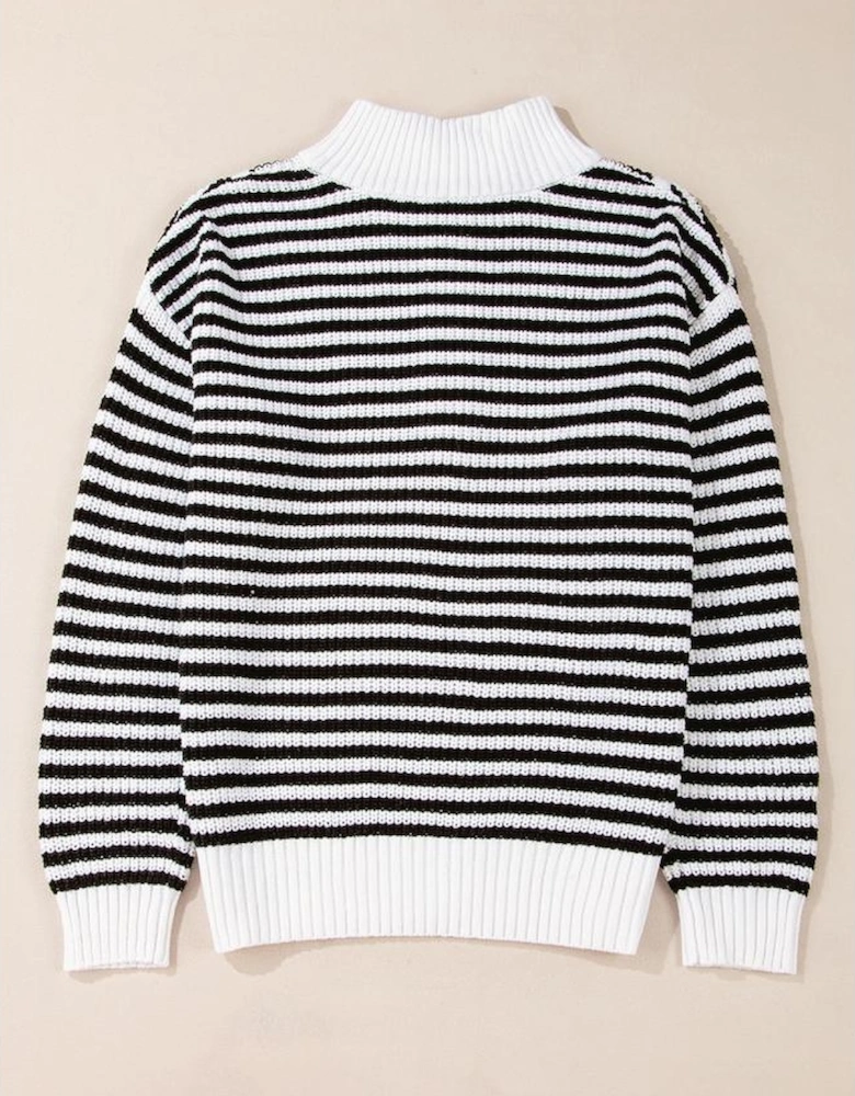 Black Stripe Zip up Collar Drop Shoulder Sweater