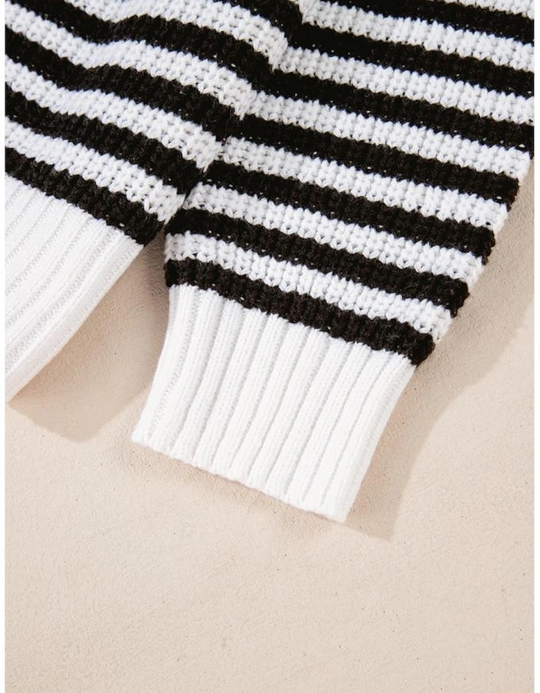 Black Stripe Zip up Collar Drop Shoulder Sweater