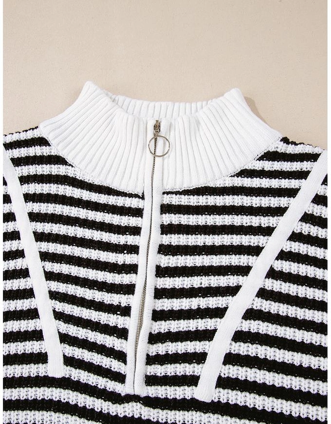 Black Stripe Zip up Collar Drop Shoulder Sweater