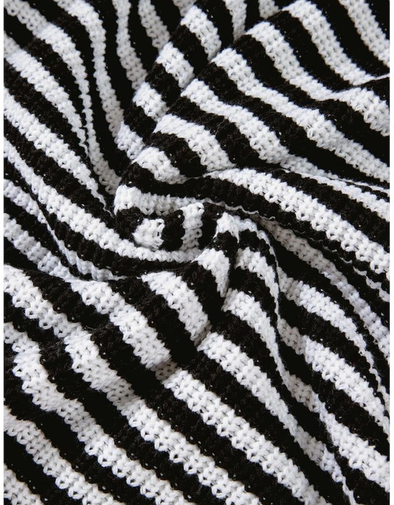 Black Stripe Zip up Collar Drop Shoulder Sweater