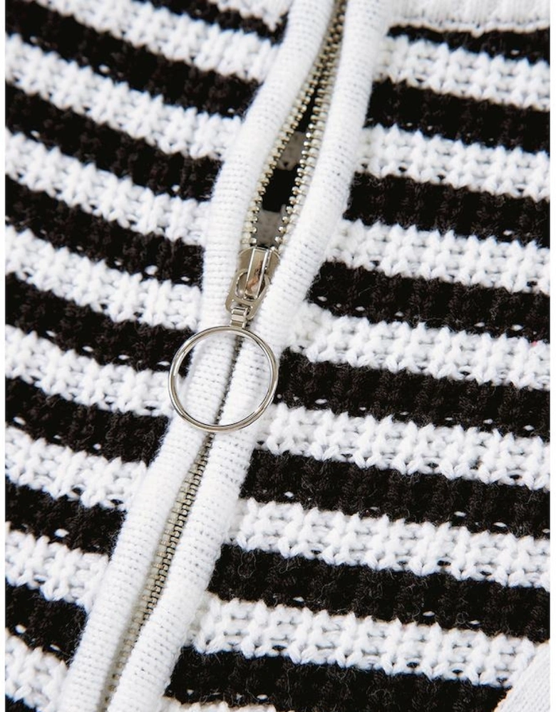 Black Stripe Zip up Collar Drop Shoulder Sweater