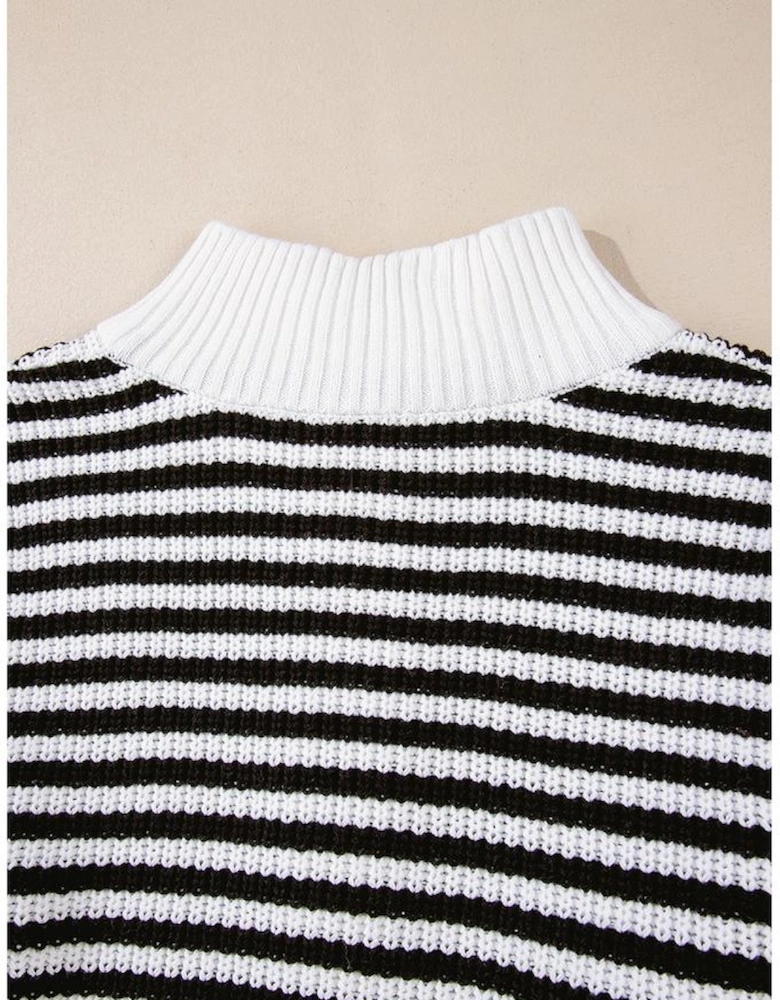 Black Stripe Zip up Collar Drop Shoulder Sweater