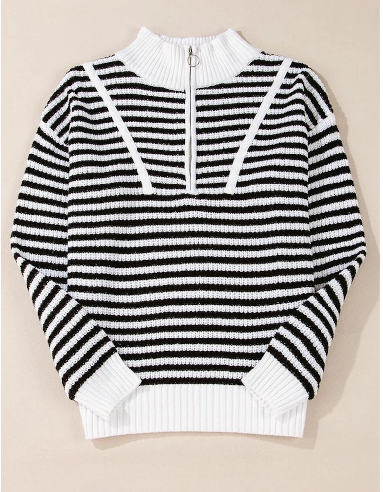 Black Stripe Zip up Collar Drop Shoulder Sweater
