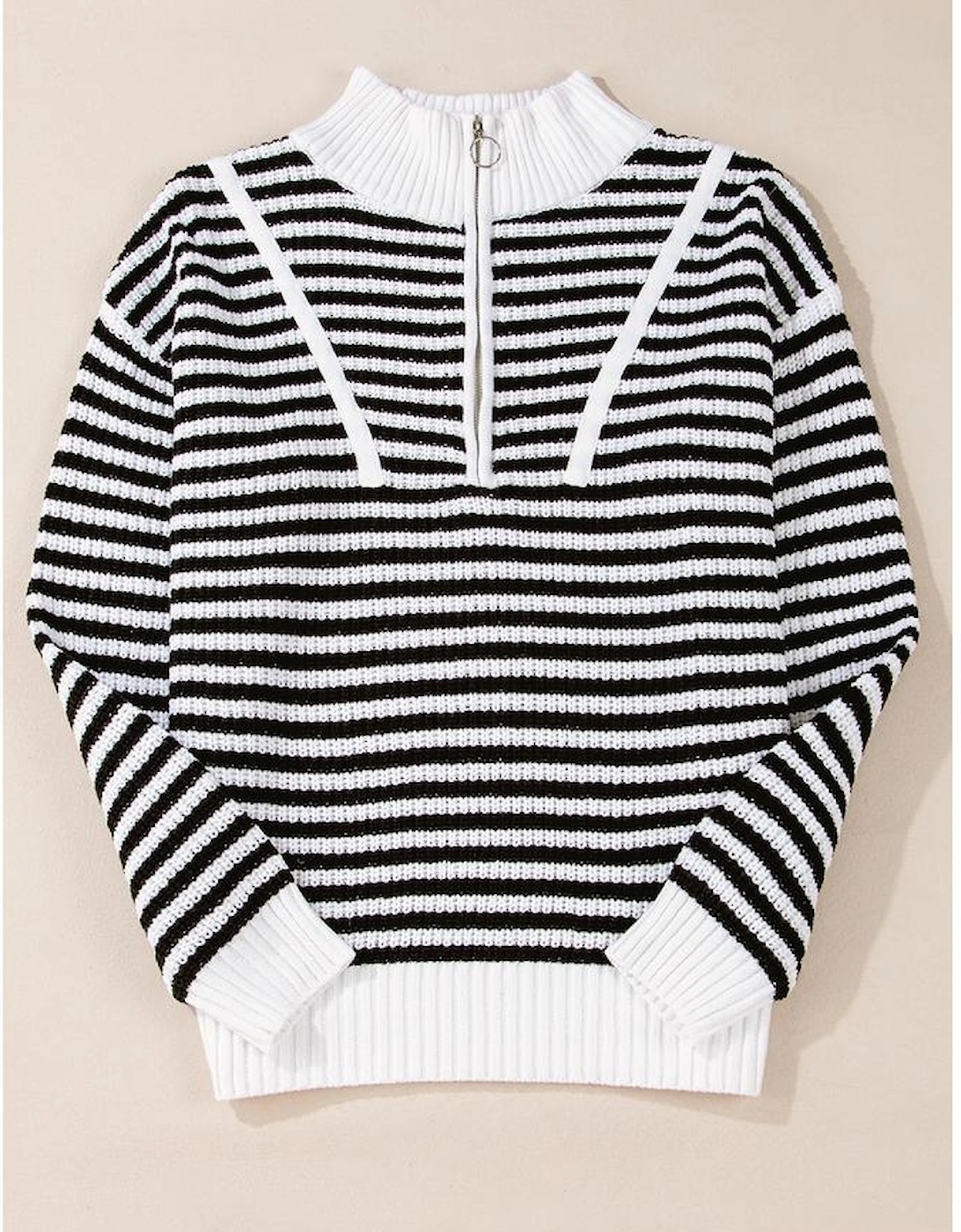 Black Stripe Zip up Collar Drop Shoulder Sweater