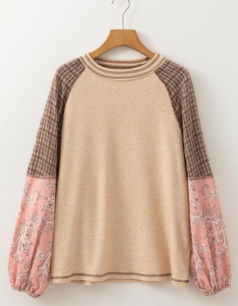 Jet Stream Mixed Print Raglan Sleeve Ribbed Knit Patchwork Blouse