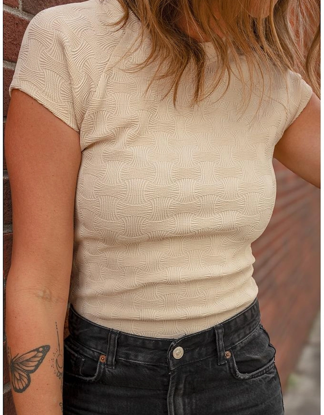 Beige Textured Crew Neck Cap Sleeve Slim Stretchy T Shirt