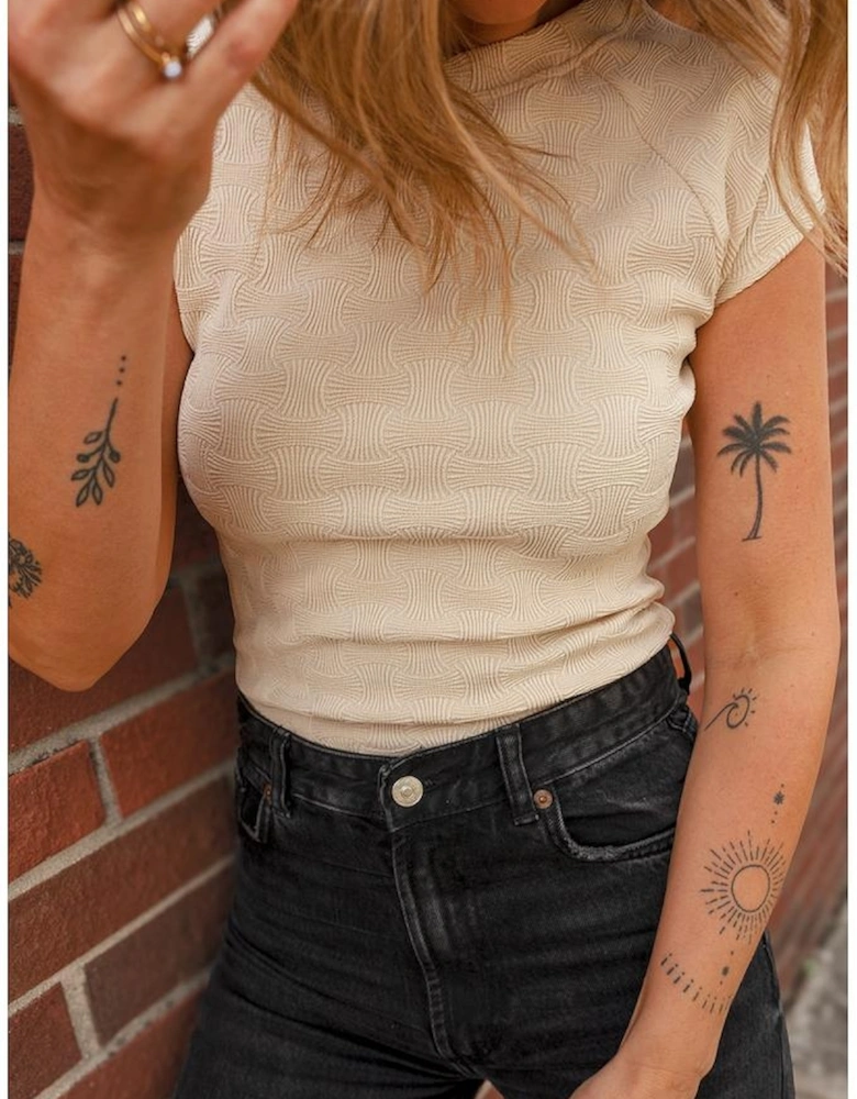 Beige Textured Crew Neck Cap Sleeve Slim Stretchy T Shirt