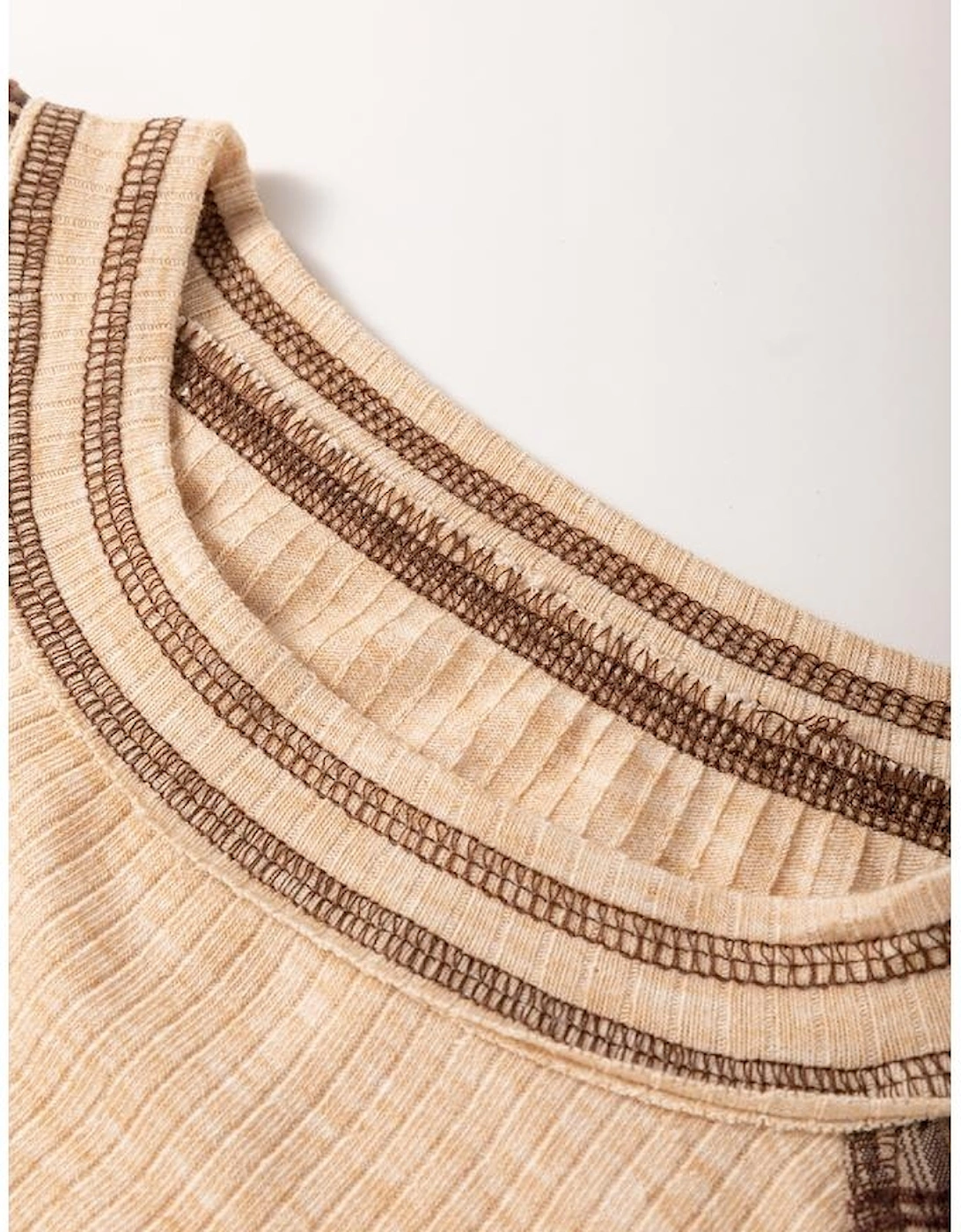 Jet Stream Mixed Print Raglan Sleeve Ribbed Knit Patchwork Blouse