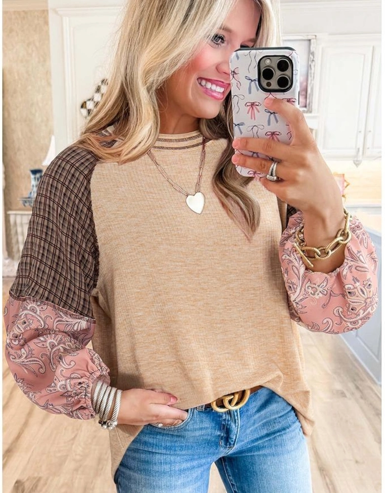 Jet Stream Mixed Print Raglan Sleeve Ribbed Knit Patchwork Blouse