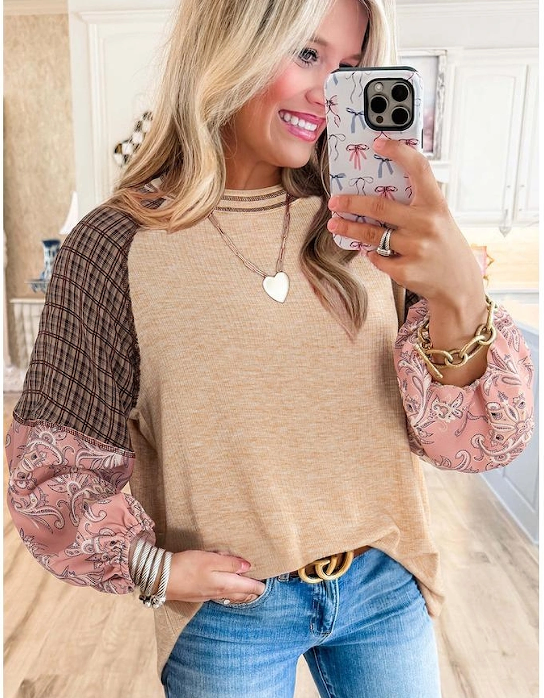 Jet Stream Mixed Print Raglan Sleeve Ribbed Knit Patchwork Blouse