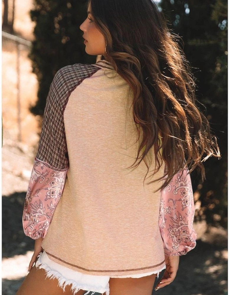 Jet Stream Mixed Print Raglan Sleeve Ribbed Knit Patchwork Blouse