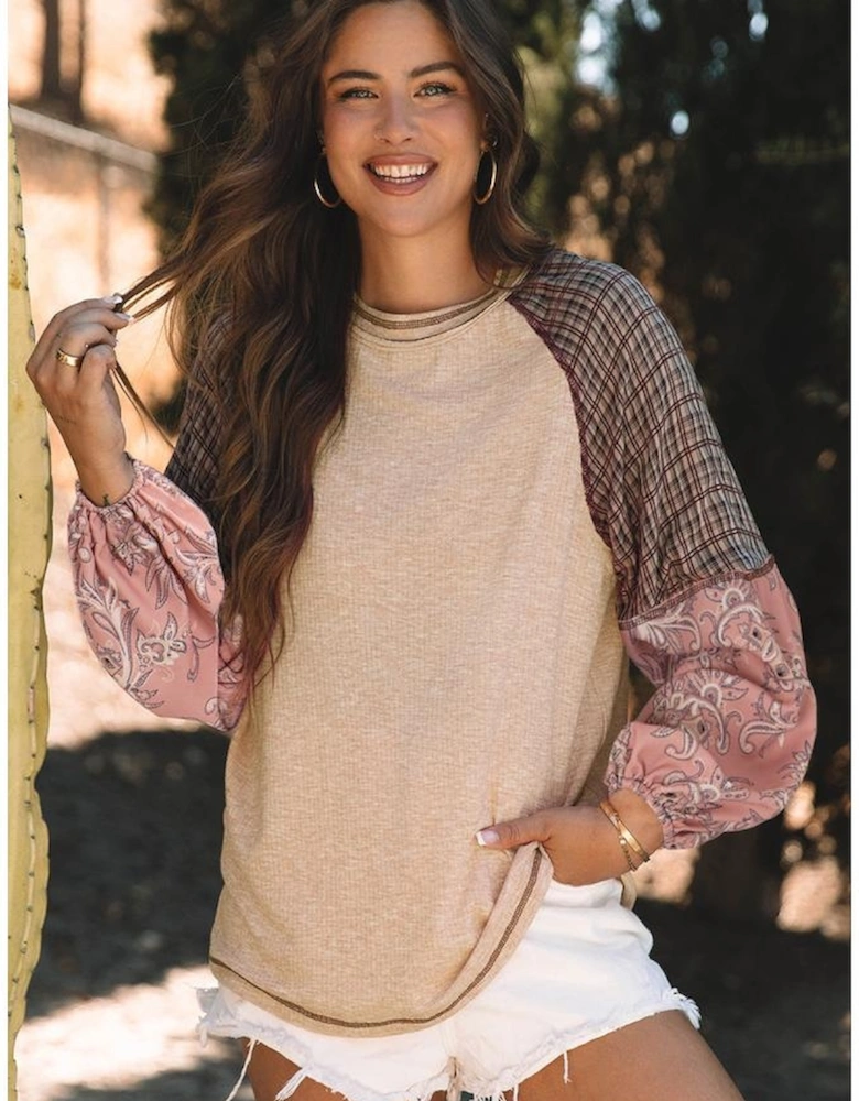 Jet Stream Mixed Print Raglan Sleeve Ribbed Knit Patchwork Blouse