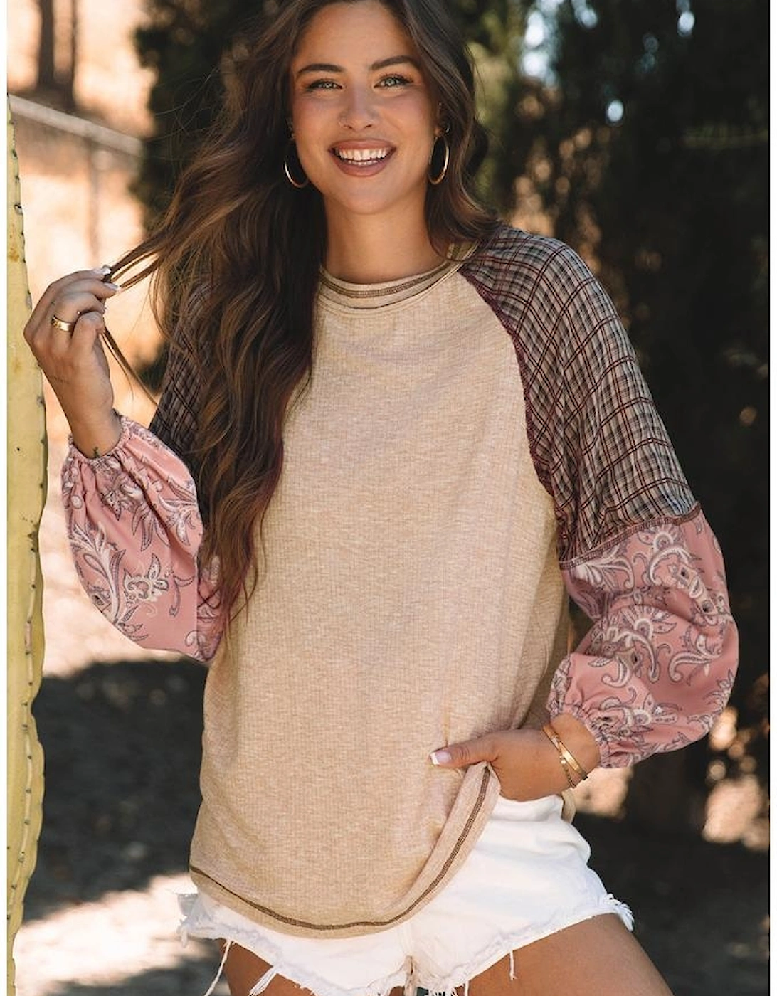 Jet Stream Mixed Print Raglan Sleeve Ribbed Knit Patchwork Blouse