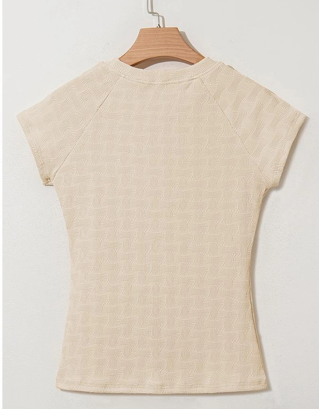 Beige Textured Crew Neck Cap Sleeve Slim Stretchy T Shirt