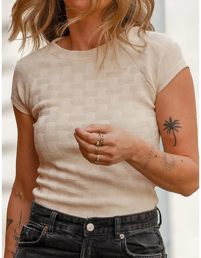 Beige Textured Crew Neck Cap Sleeve Slim Stretchy T Shirt