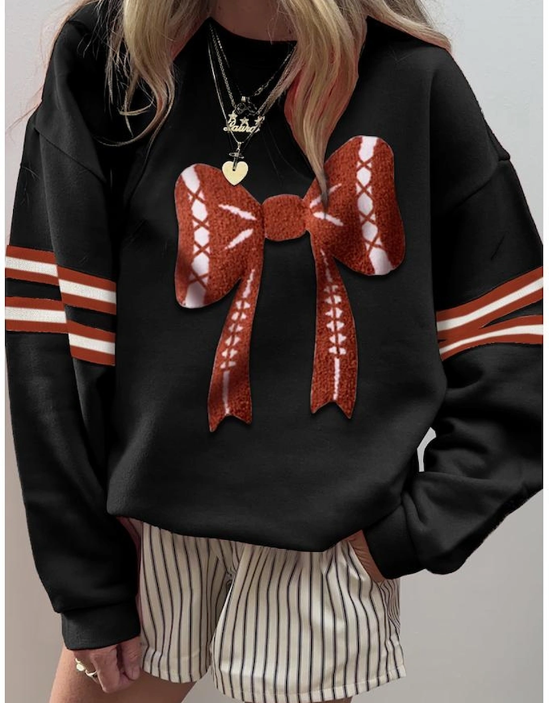 Black Varsity Baseball Bow Graphic Striped Sleeve Baggy Sweatshirt