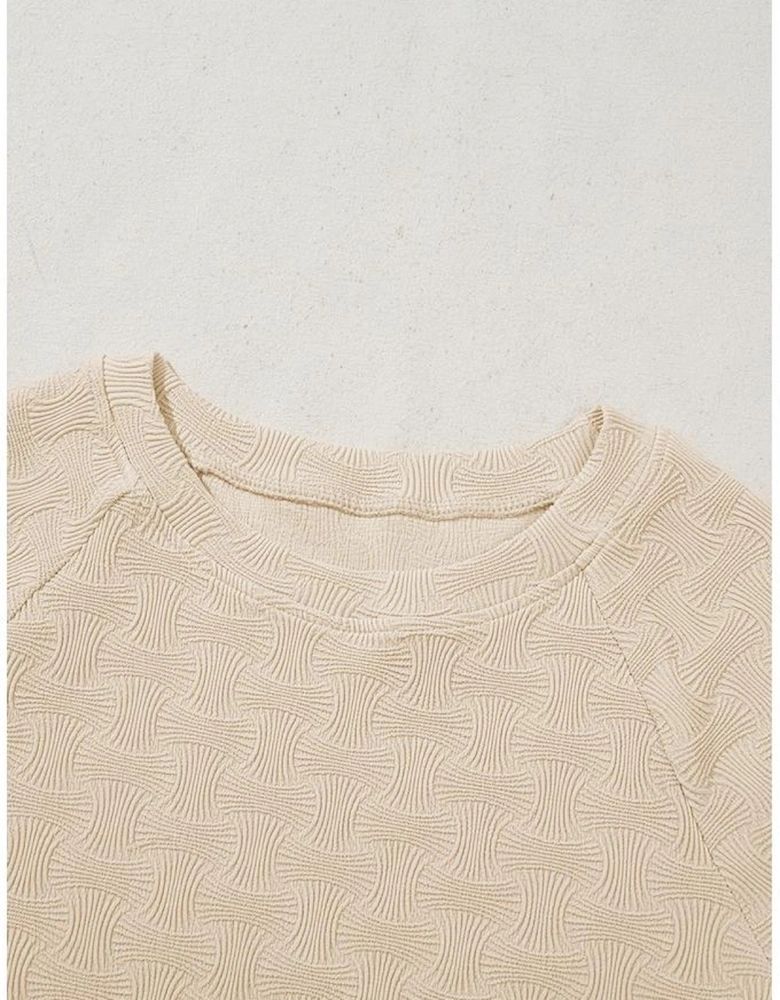 Beige Textured Crew Neck Cap Sleeve Slim Stretchy T Shirt