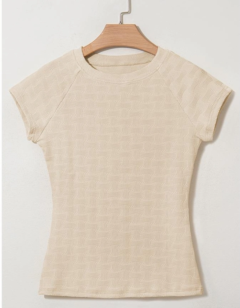 Beige Textured Crew Neck Cap Sleeve Slim Stretchy T Shirt
