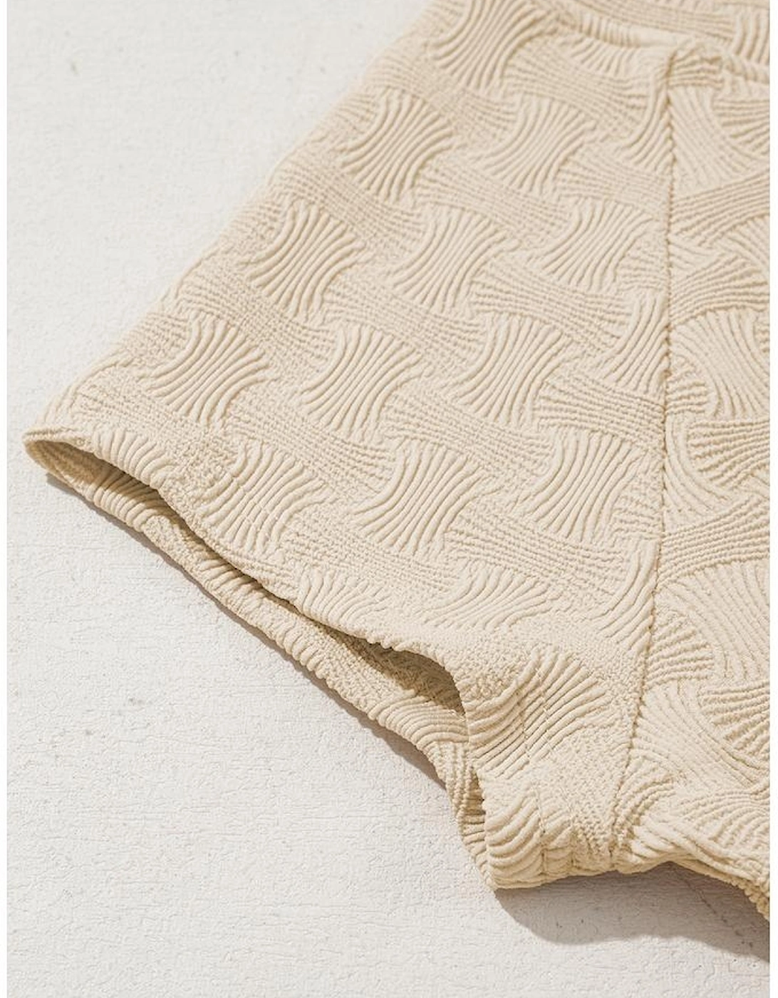 Beige Textured Crew Neck Cap Sleeve Slim Stretchy T Shirt