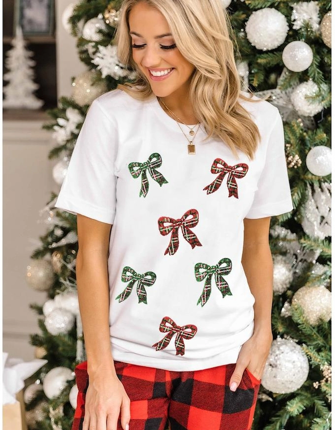 White Christmas Bowknot Graphic Cotton Blend T Shirt, 15 of 14