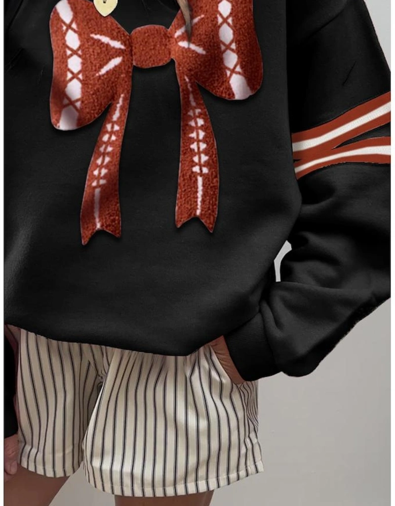 Black Varsity Baseball Bow Graphic Striped Sleeve Baggy Sweatshirt