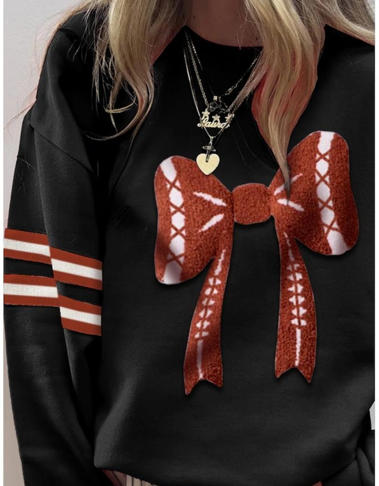 Black Varsity Baseball Bow Graphic Striped Sleeve Baggy Sweatshirt