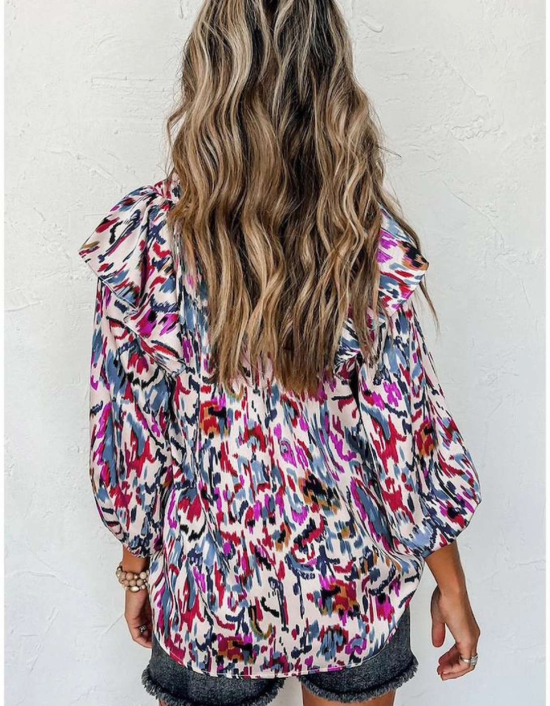 Multicolour Abstract Print 3/4 Puff Sleeve Ruffle Blouse, 13 of 12