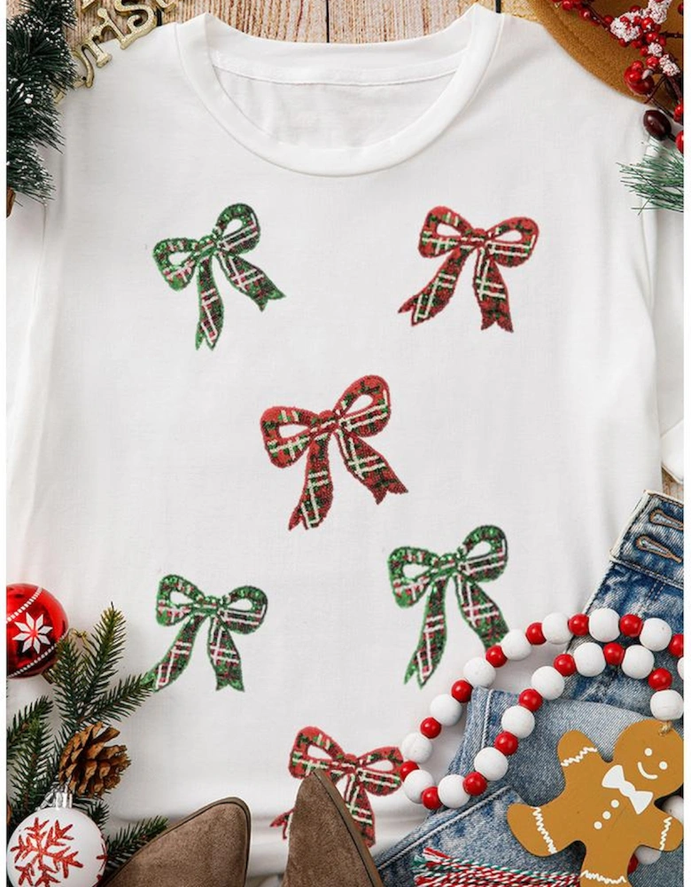 White Christmas Bowknot Graphic Cotton Blend T Shirt