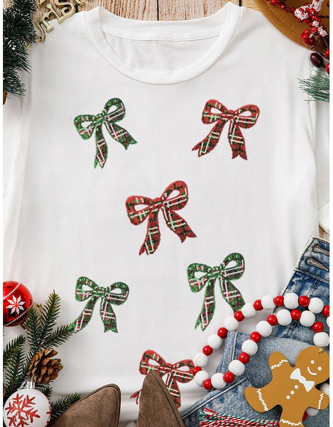 White Christmas Bowknot Graphic Cotton Blend T Shirt