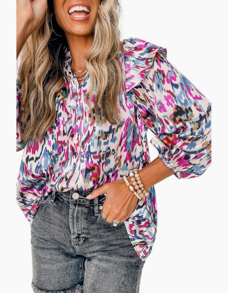 Multicolour Abstract Print 3/4 Puff Sleeve Ruffle Blouse