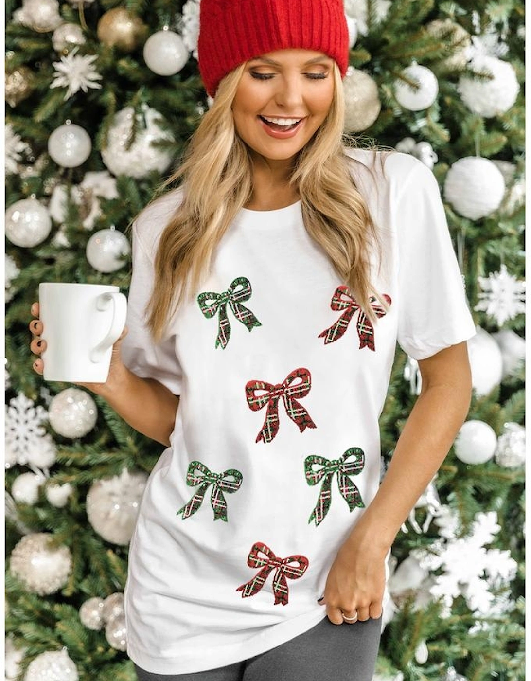 White Christmas Bowknot Graphic Cotton Blend T Shirt