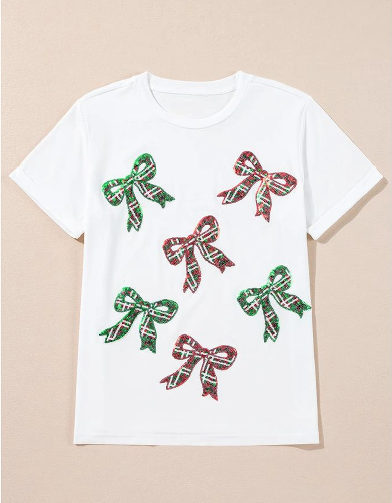 White Christmas Bowknot Graphic Cotton Blend T Shirt