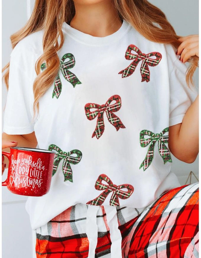 White Christmas Bowknot Graphic Cotton Blend T Shirt