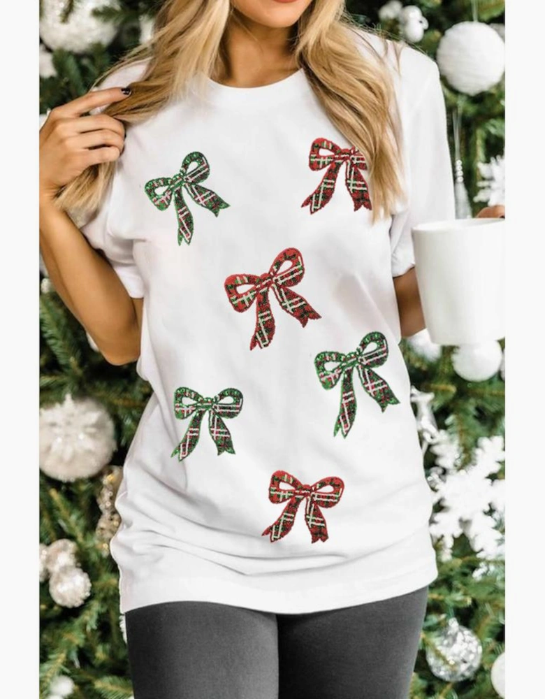 White Christmas Bowknot Graphic Cotton Blend T Shirt