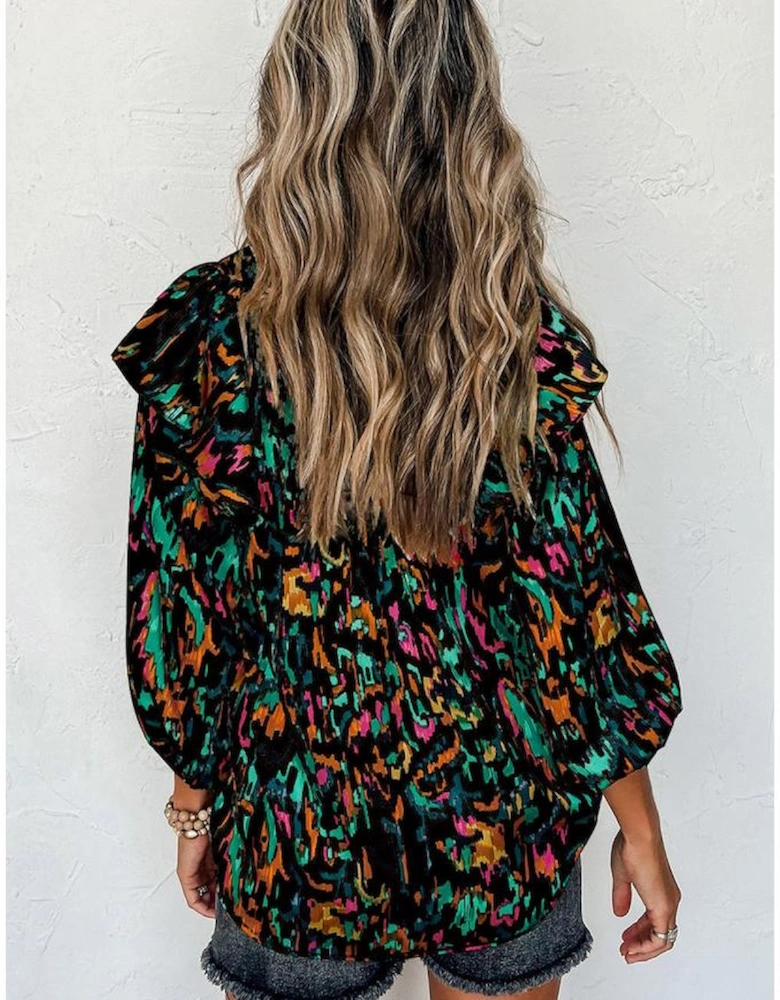 Multicolour Abstract Print 3/4 Puff Sleeve Ruffle Blouse