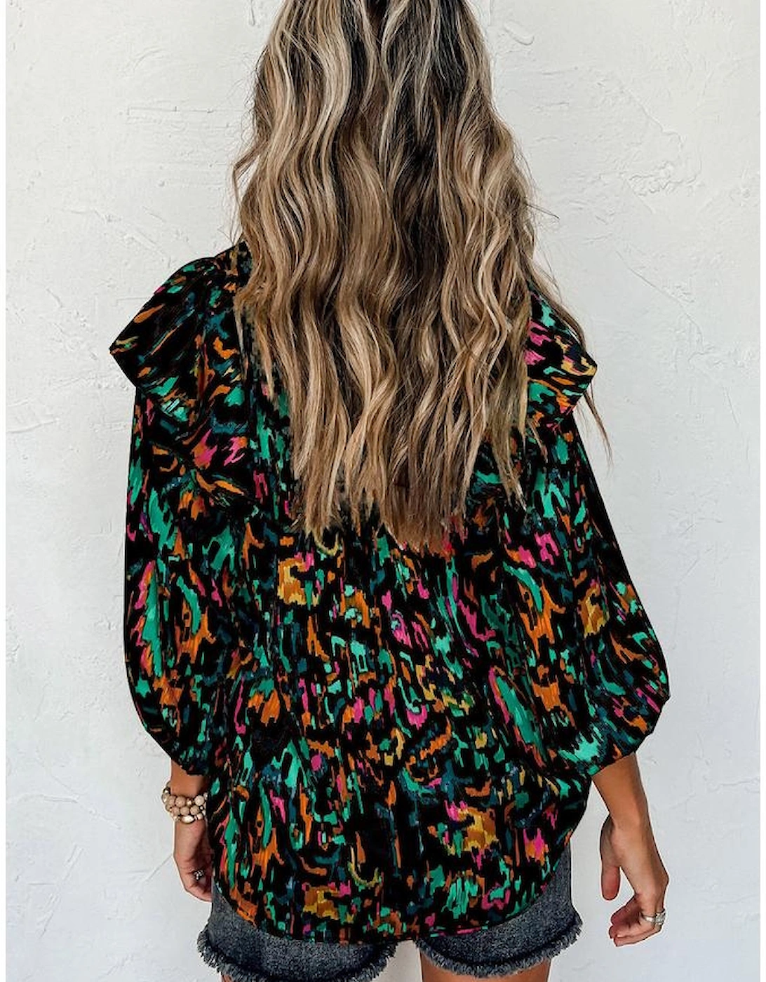 Multicolour Abstract Print 3/4 Puff Sleeve Ruffle Blouse