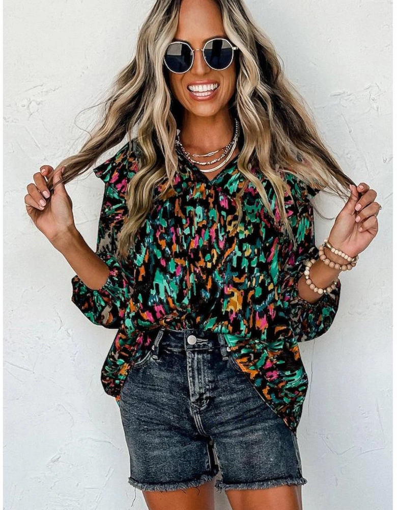 Multicolour Abstract Print 3/4 Puff Sleeve Ruffle Blouse