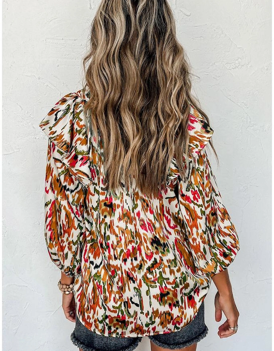 Multicolour Abstract Print 3/4 Puff Sleeve Ruffle Blouse