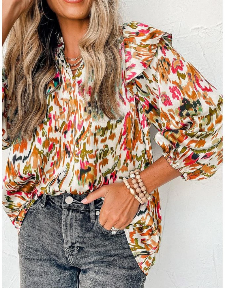 Multicolour Abstract Print 3/4 Puff Sleeve Ruffle Blouse