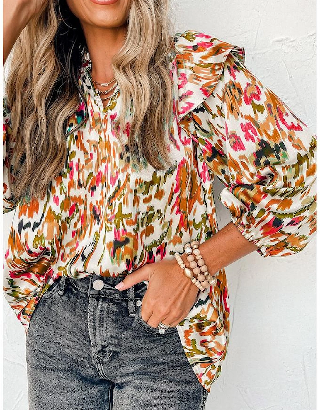 Multicolour Abstract Print 3/4 Puff Sleeve Ruffle Blouse