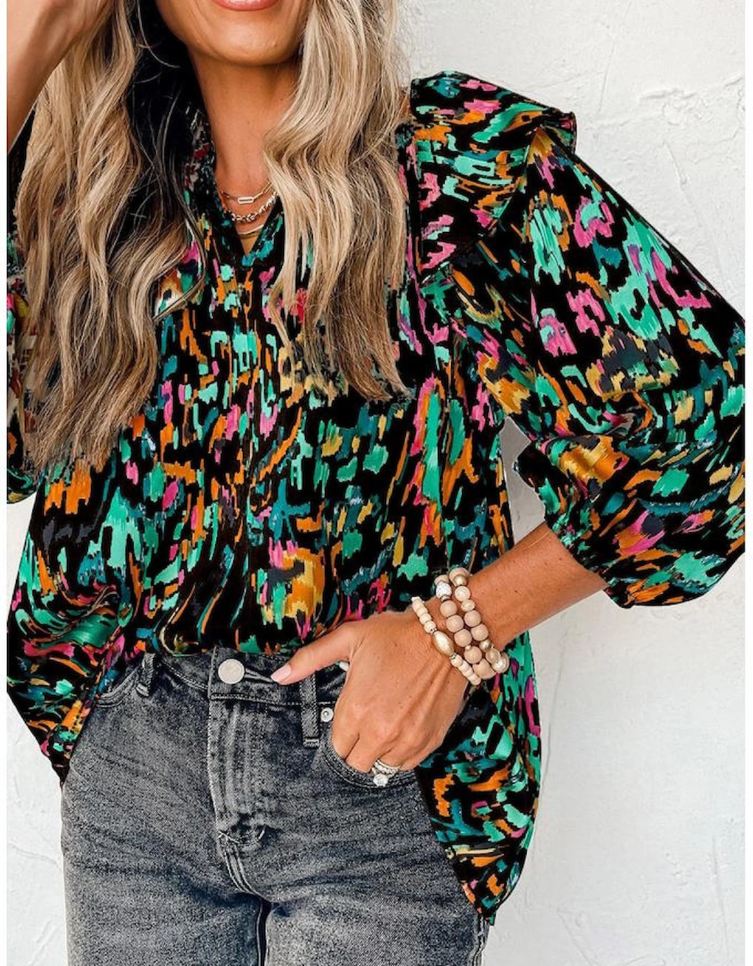 Multicolour Abstract Print 3/4 Puff Sleeve Ruffle Blouse