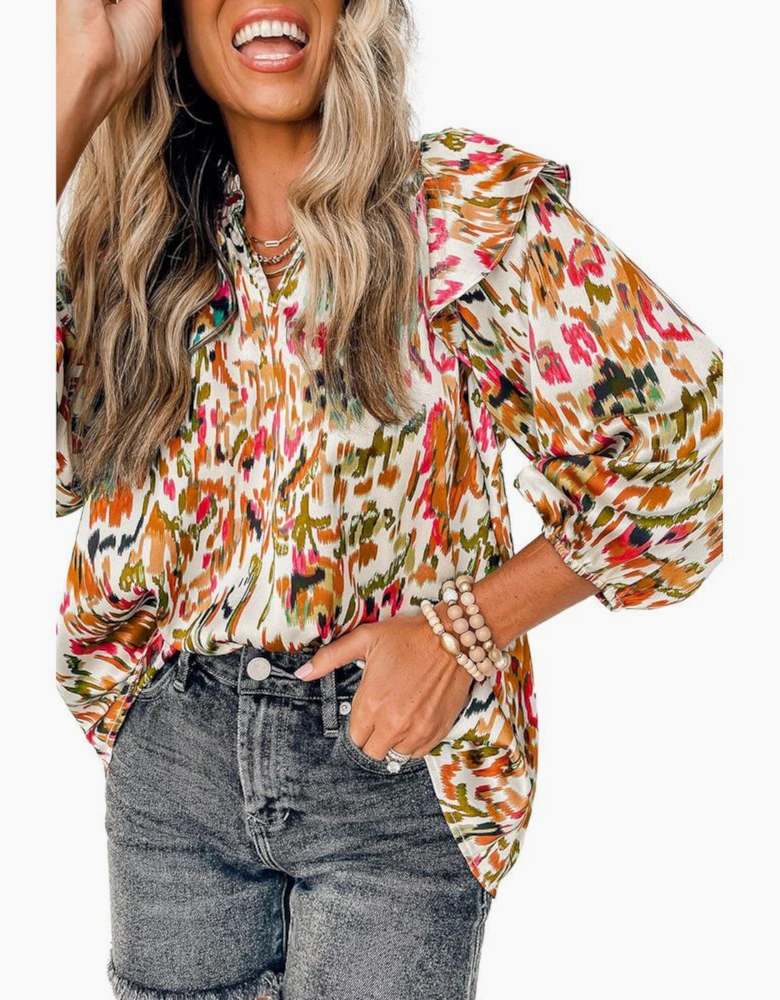 Multicolour Abstract Print 3/4 Puff Sleeve Ruffle Blouse