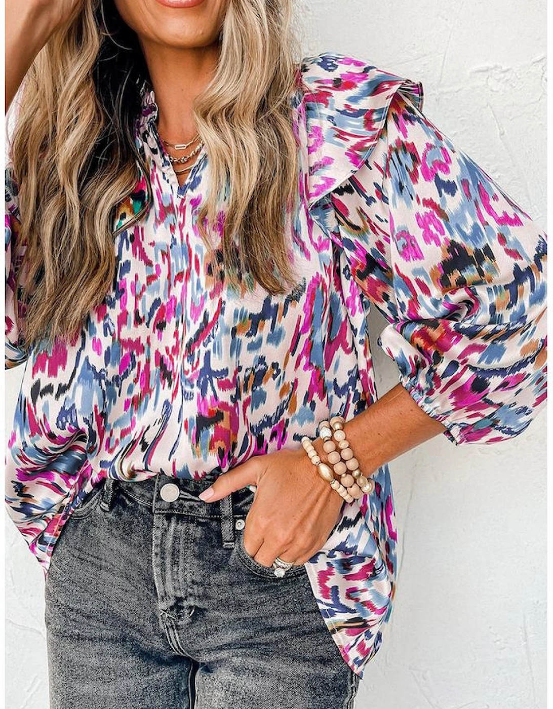 Multicolour Abstract Print 3/4 Puff Sleeve Ruffle Blouse