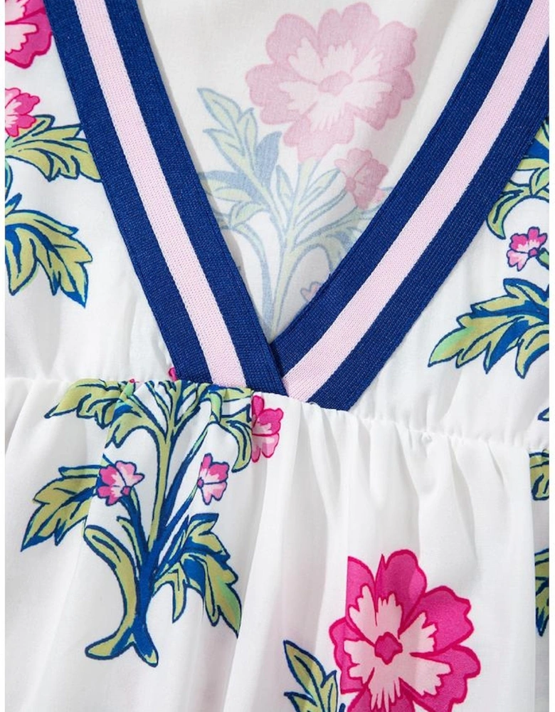 White Floral Print Striped V Neck Blouse