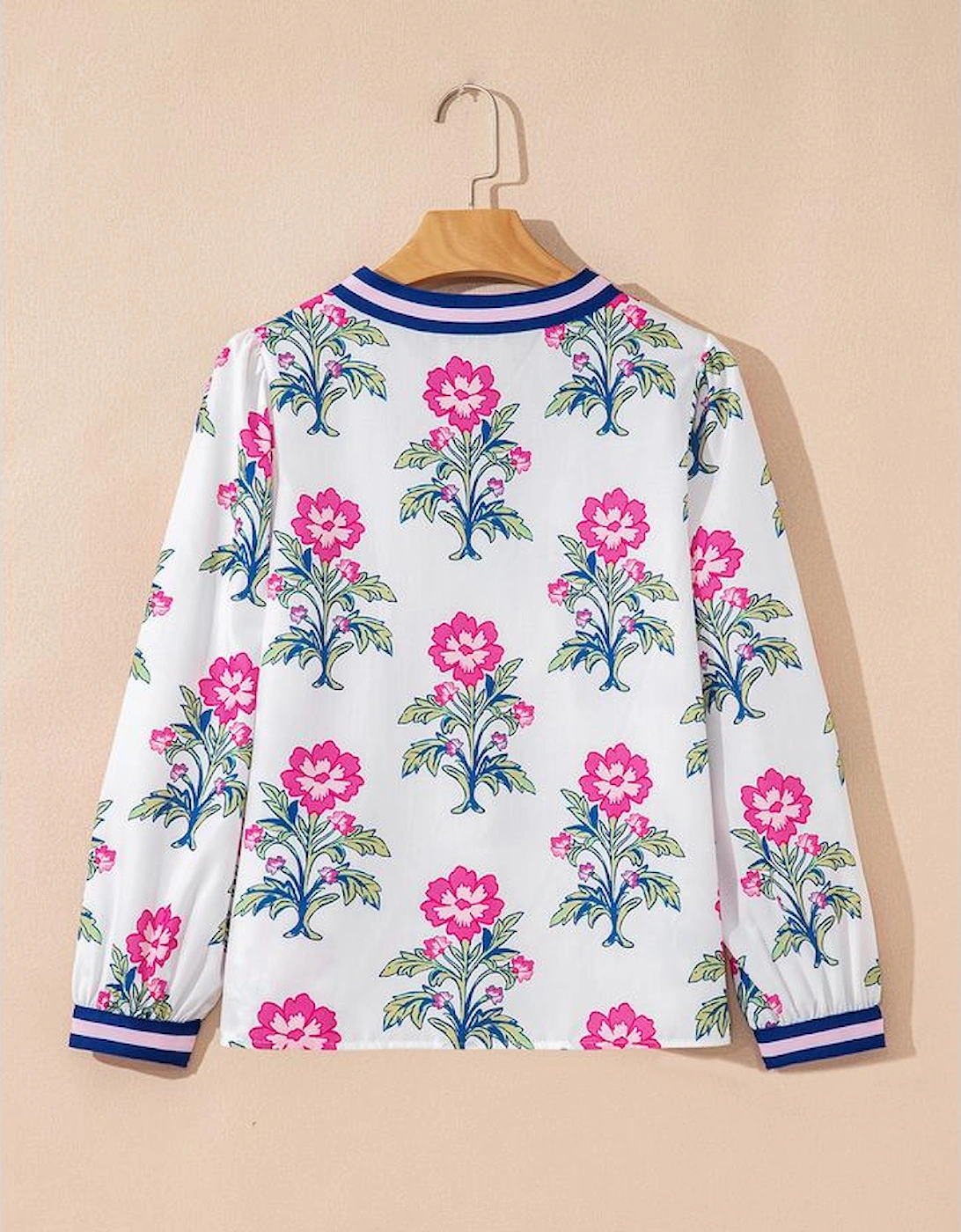 White Floral Print Striped V Neck Blouse