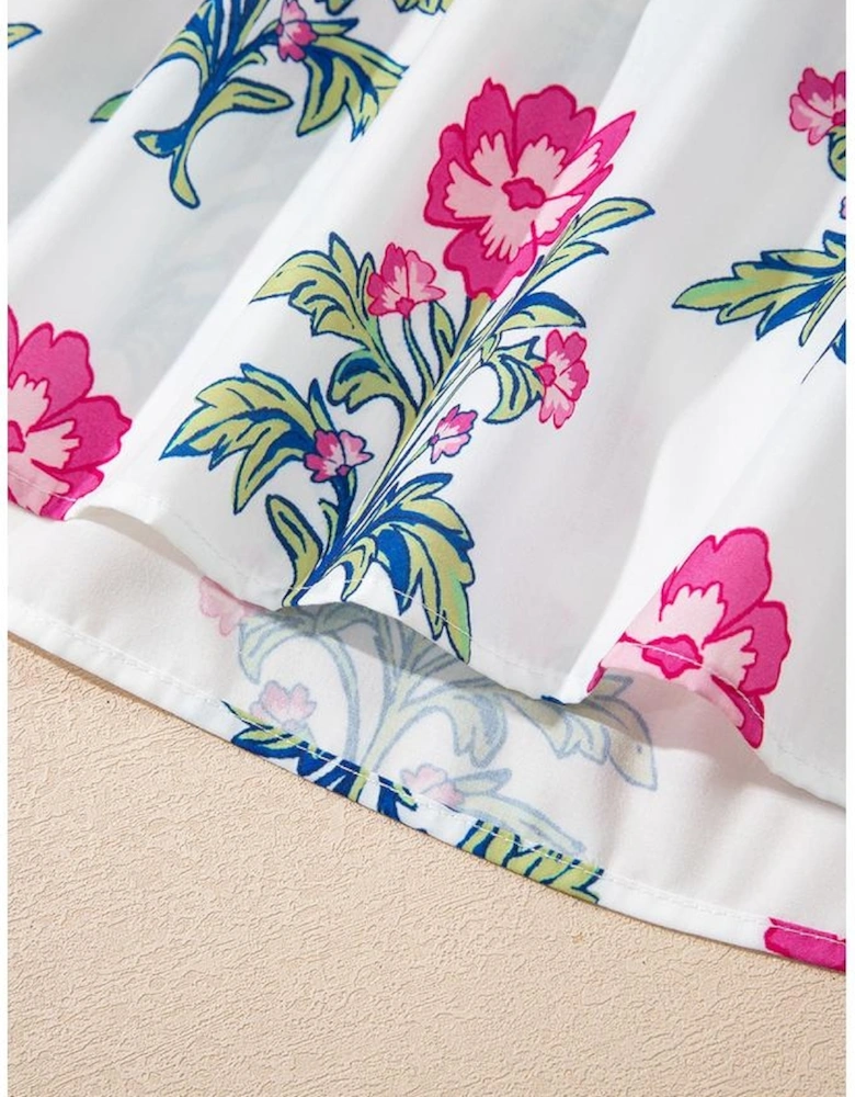 White Floral Print Striped V Neck Blouse