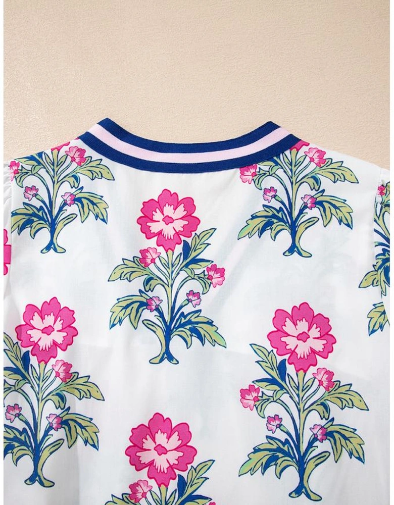 White Floral Print Striped V Neck Blouse