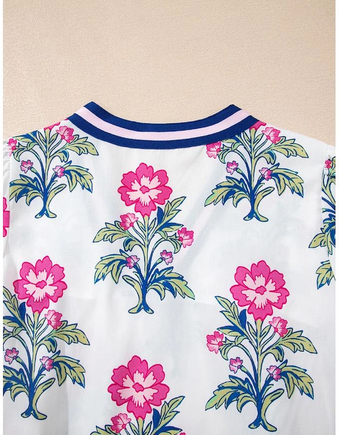 White Floral Print Striped V Neck Blouse